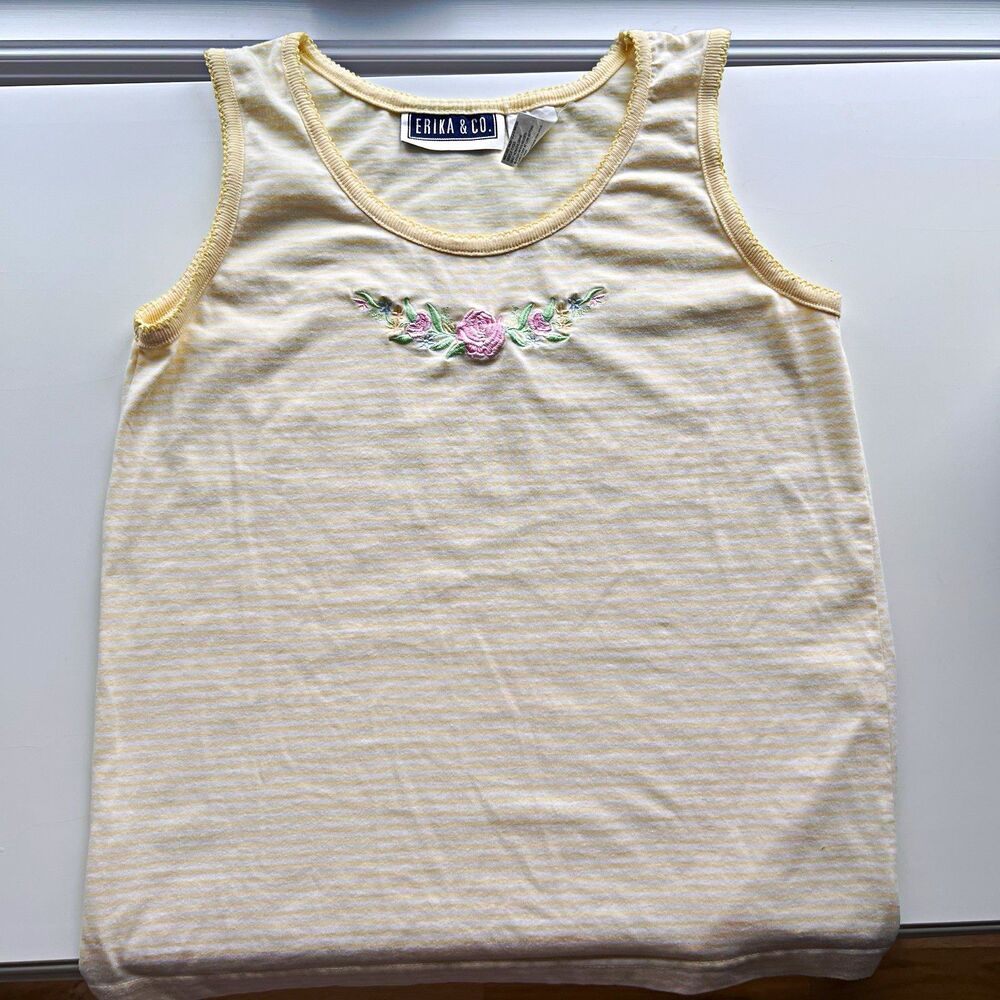 Erika & Co. Scoop Neck Sleeveless Tank Top S Ivory/Yellow Stripe